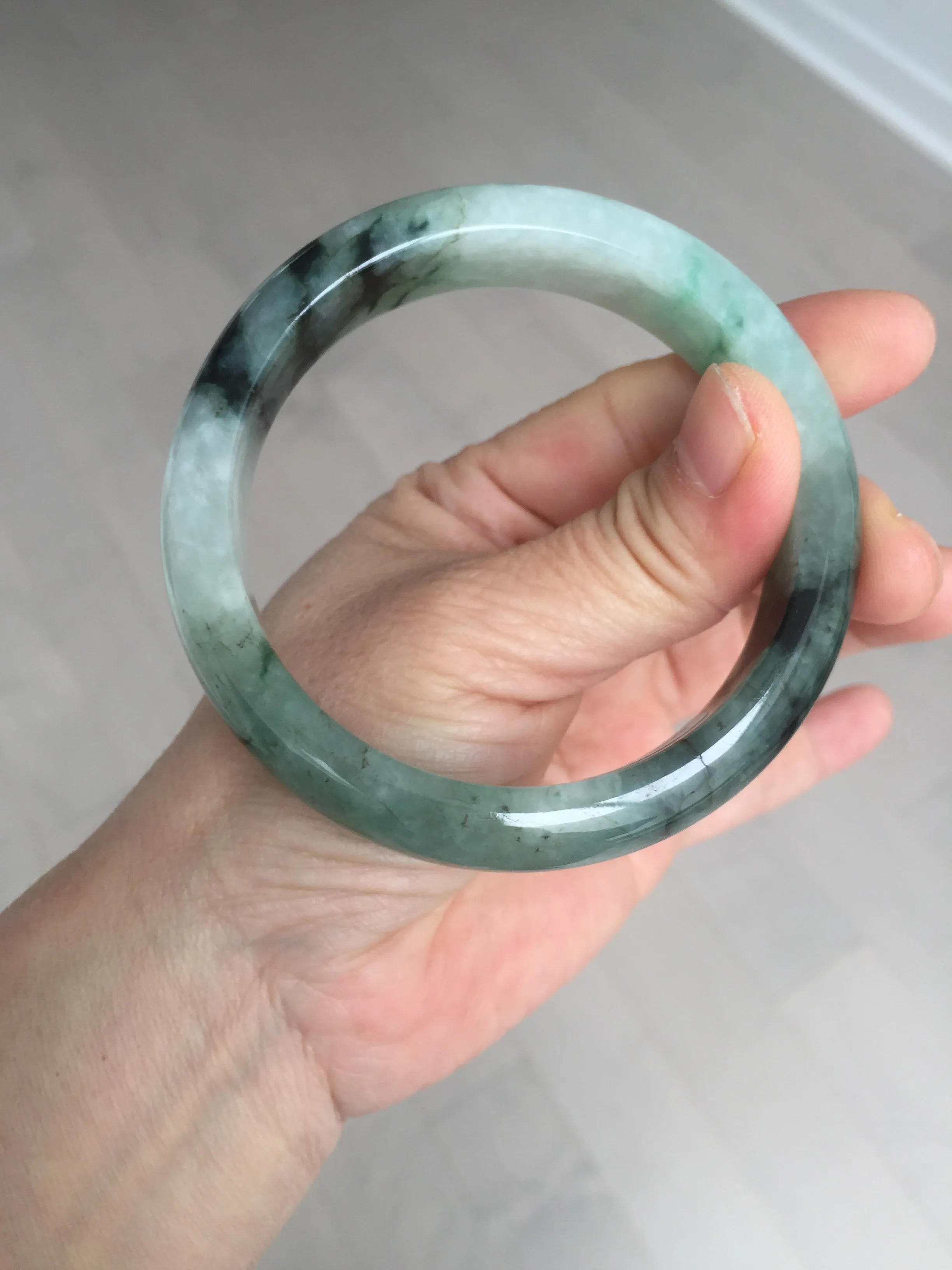 60.3mm certified type A 100% Natural green/black Jadeite Jade bangle BM42-8565