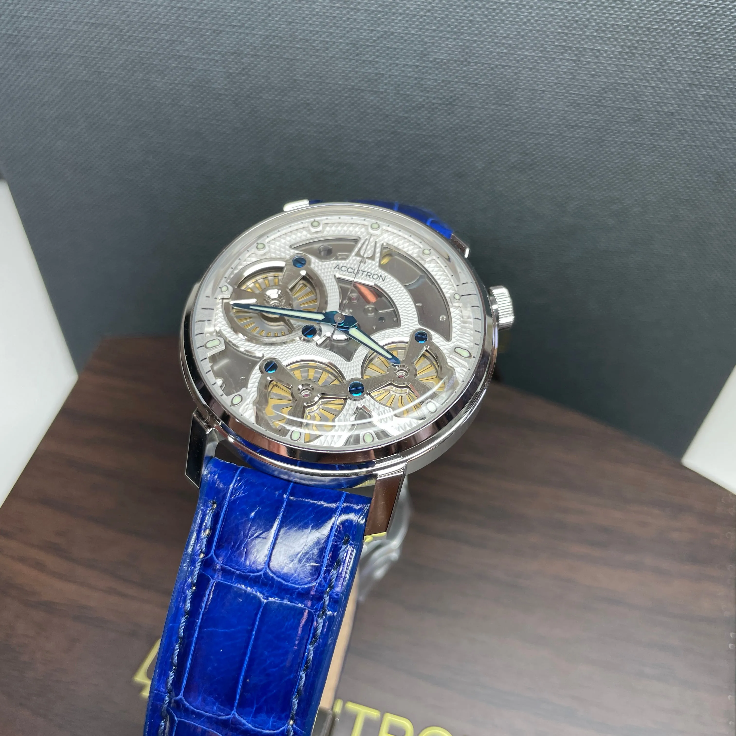 Accutron Spaceview Evolution ElectroStatic Silver Dial Blue Strap Watch 26A209