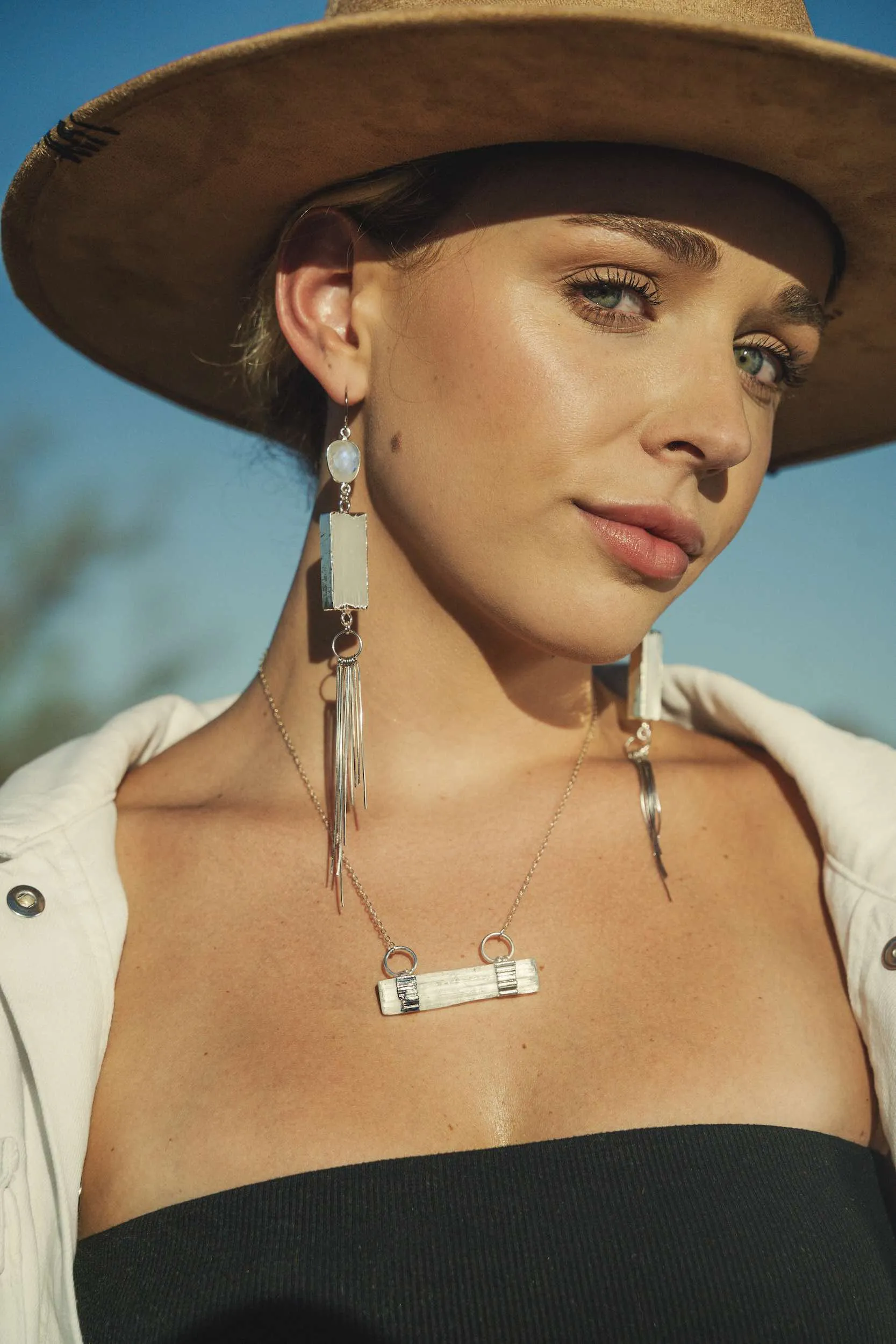 Aligned Selenite Bar Silver Necklace