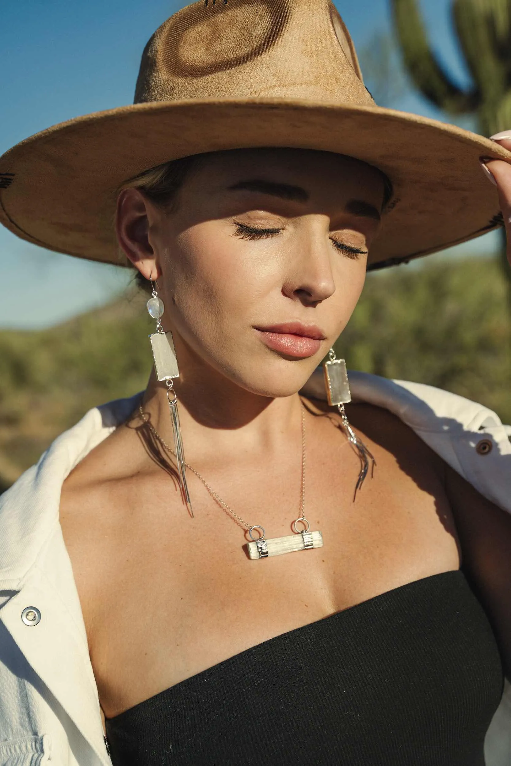 Aligned Selenite Bar Silver Necklace