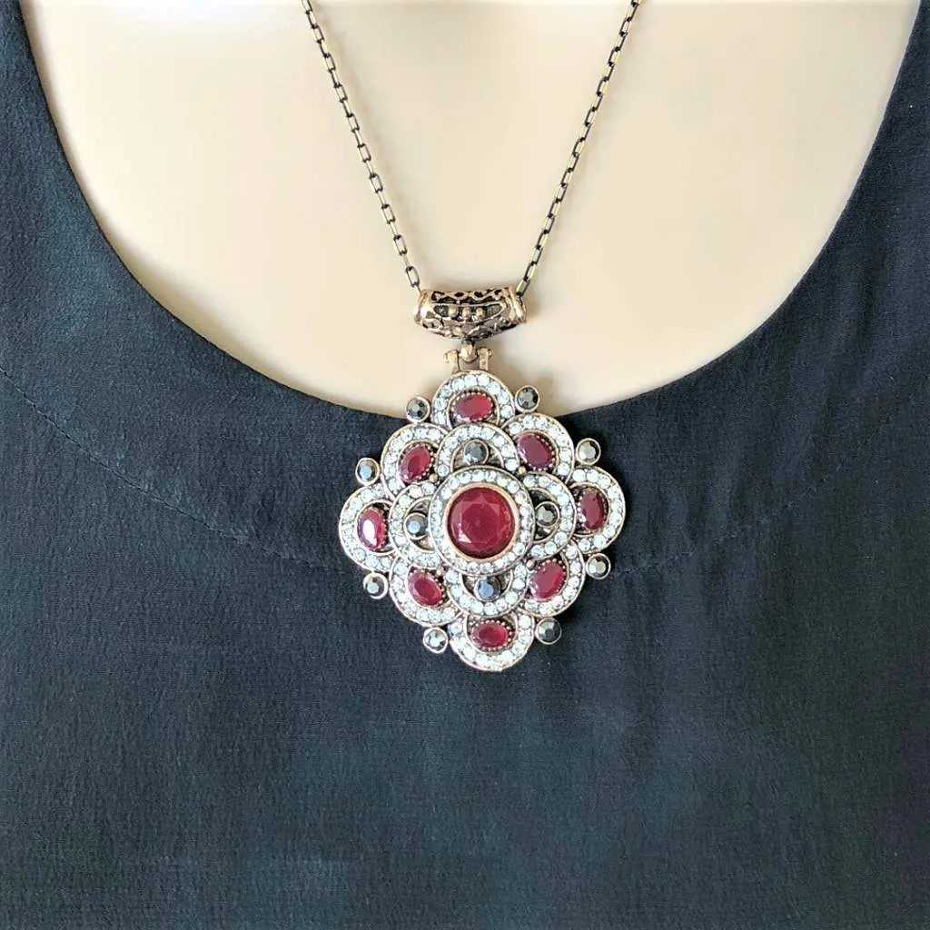 Antique Red and Clear Crystal Geometric Necklace