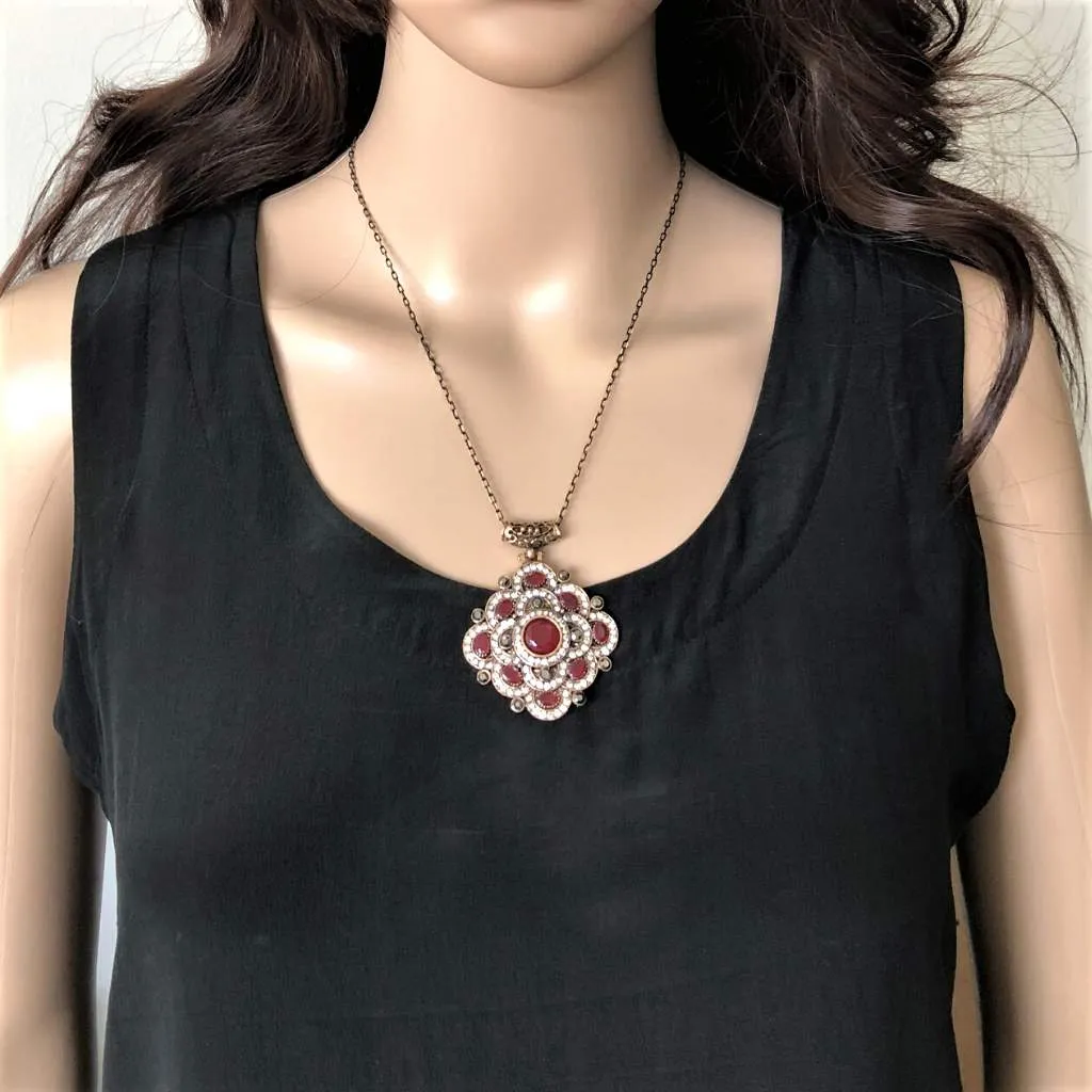 Antique Red and Clear Crystal Geometric Necklace