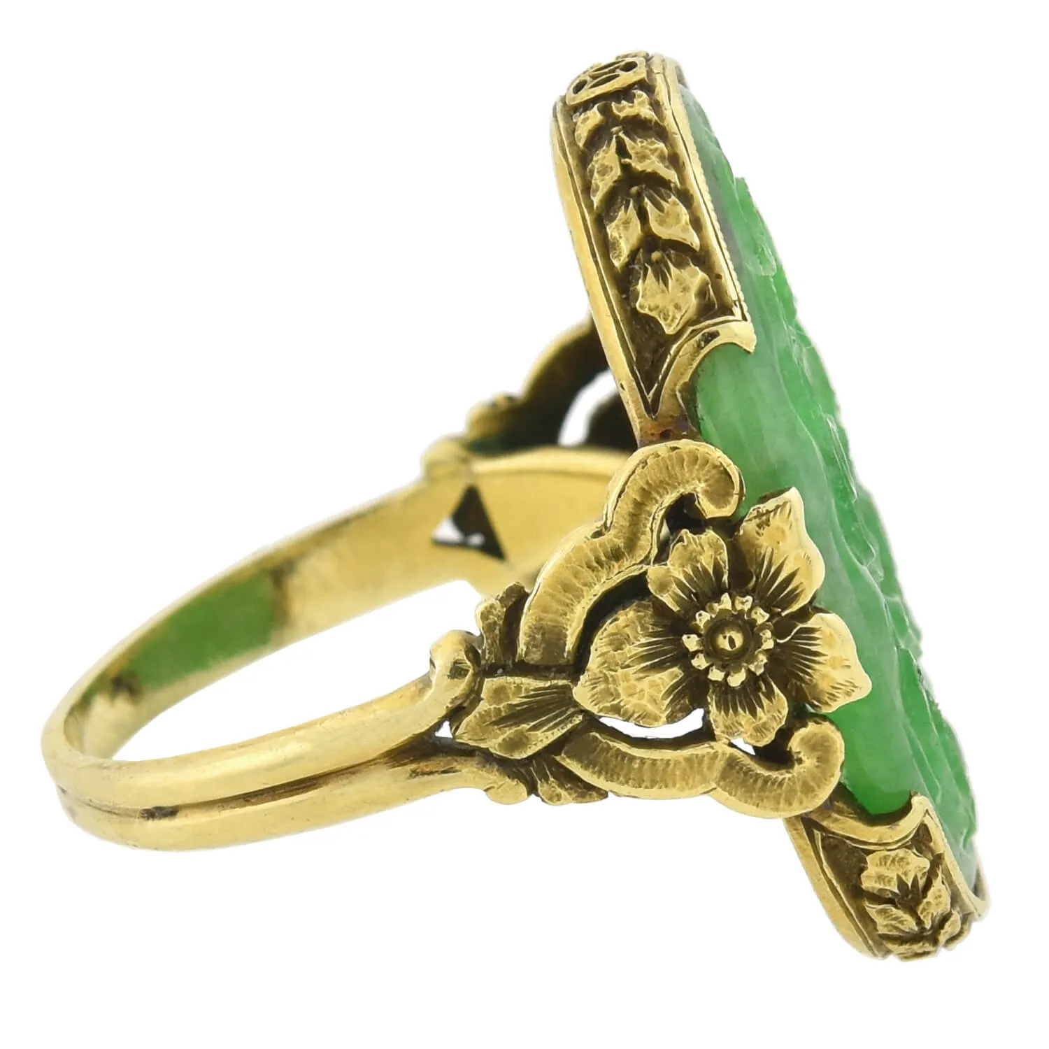 Art Deco 18kt Hand Carved Natural Jadeite Floral Ring