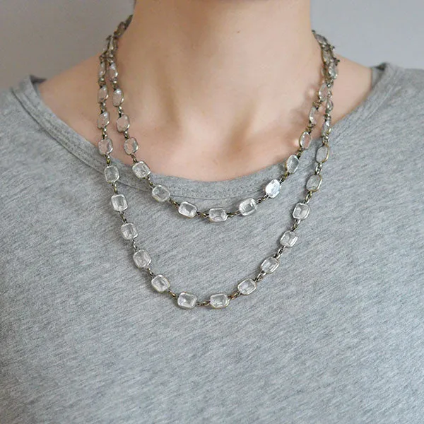 Art Deco Long Silver Faceted Crystal Necklace 43"