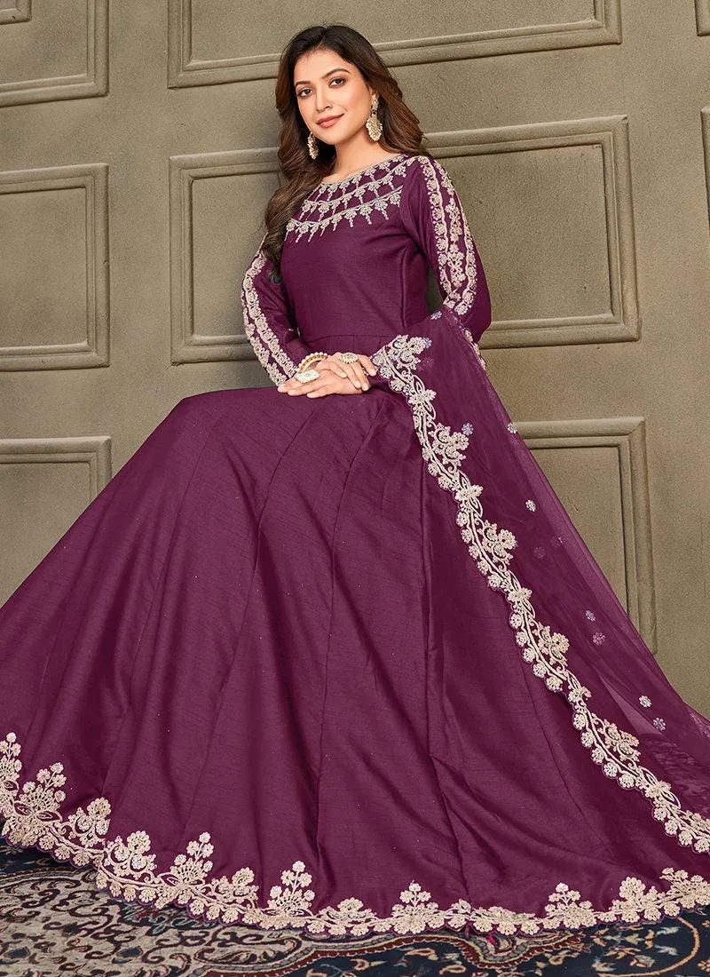 Art Silk Fabric Wine Indian Long Gown