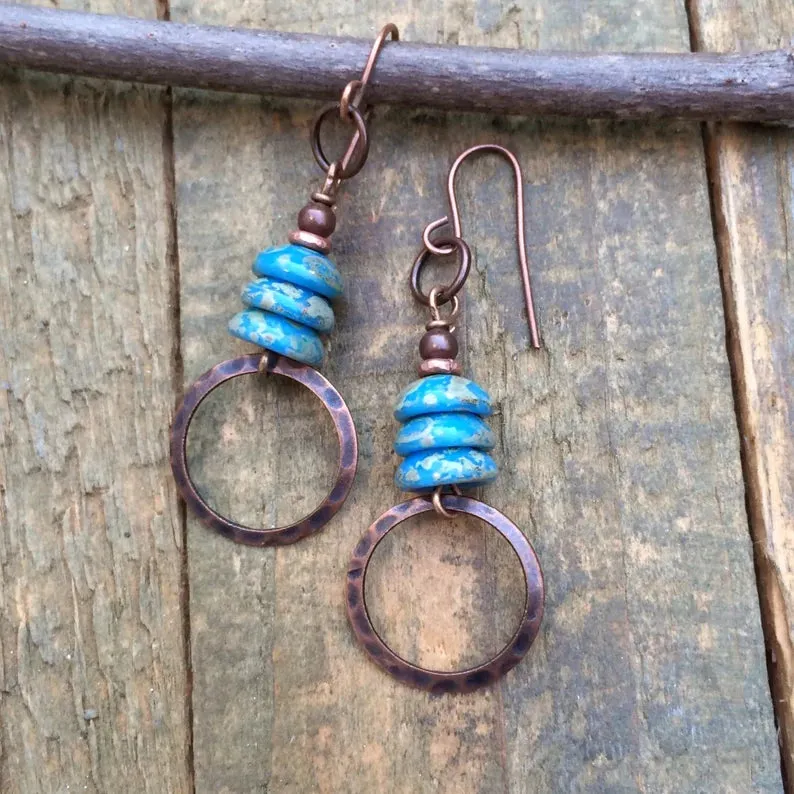 Artsy Blue Czech Glass Earrings with Hammered Copper Drop