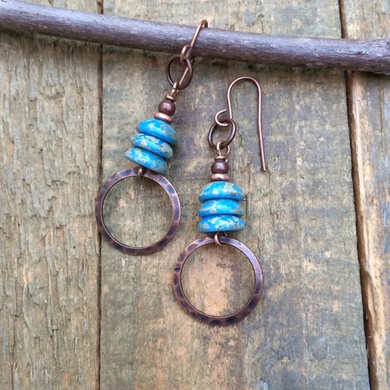 Artsy Blue Czech Glass Earrings with Hammered Copper Drop