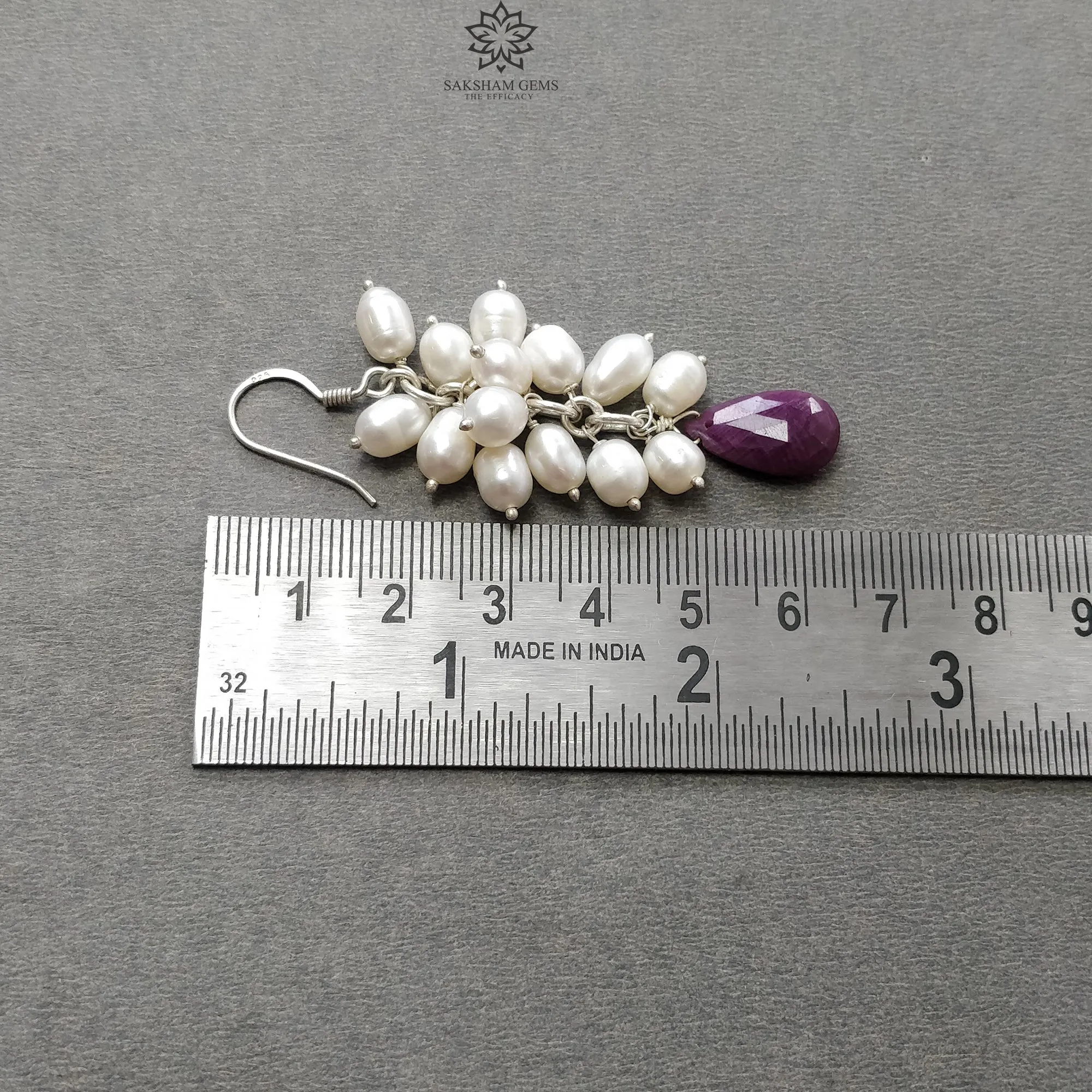 Beads Earring Ruby & Pearl Gemstone Silver Earring : 15.79gms Natural 925 Sterling Silver Drop Dangle Ear Wire Hook Beaded Earrings 2.5"