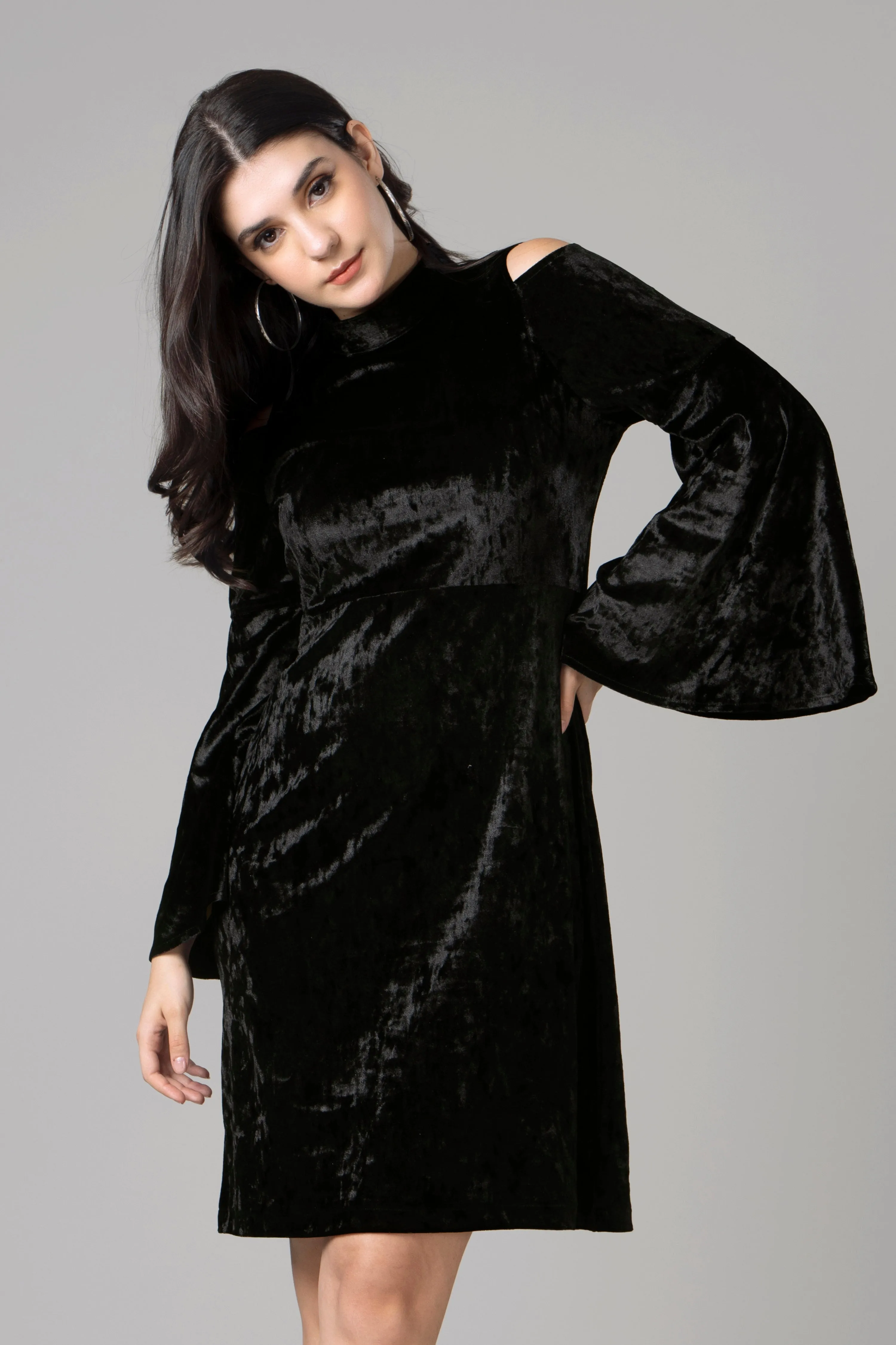 Black Bell Sleeve Velvet Midi Dress For Women