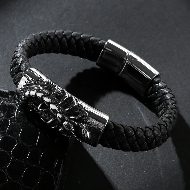 Black Braided Leather Stainless Steel Scorpion Bracelet