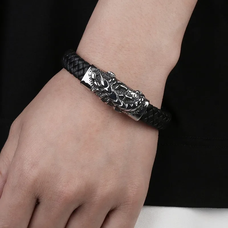 Black Braided Leather Stainless Steel Scorpion Bracelet