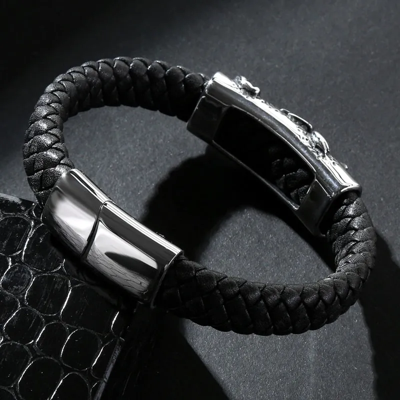 Black Braided Leather Stainless Steel Scorpion Bracelet