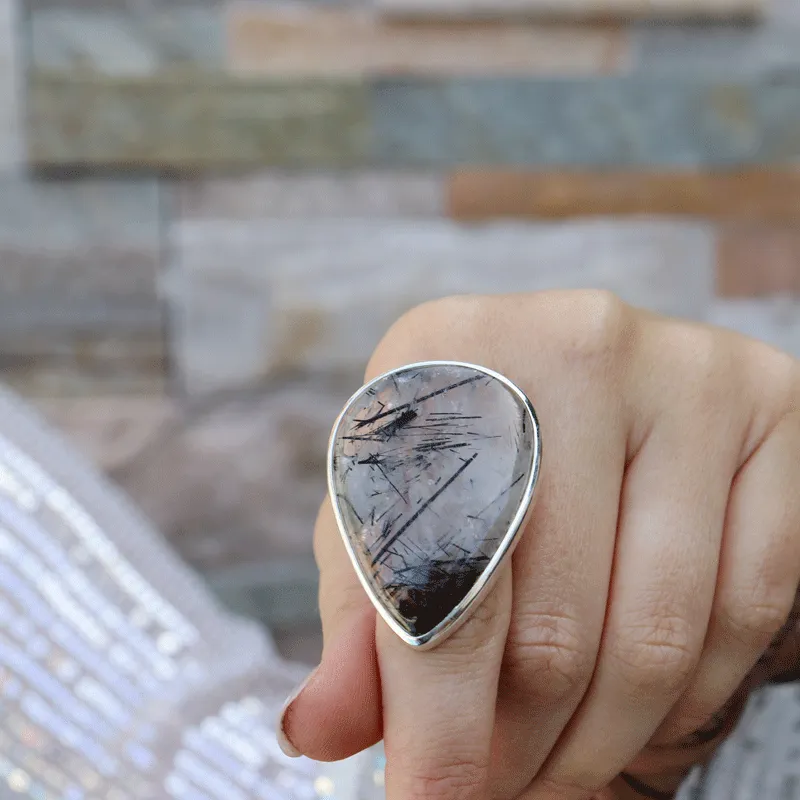 Black Rutilated Quartz Statement Ring