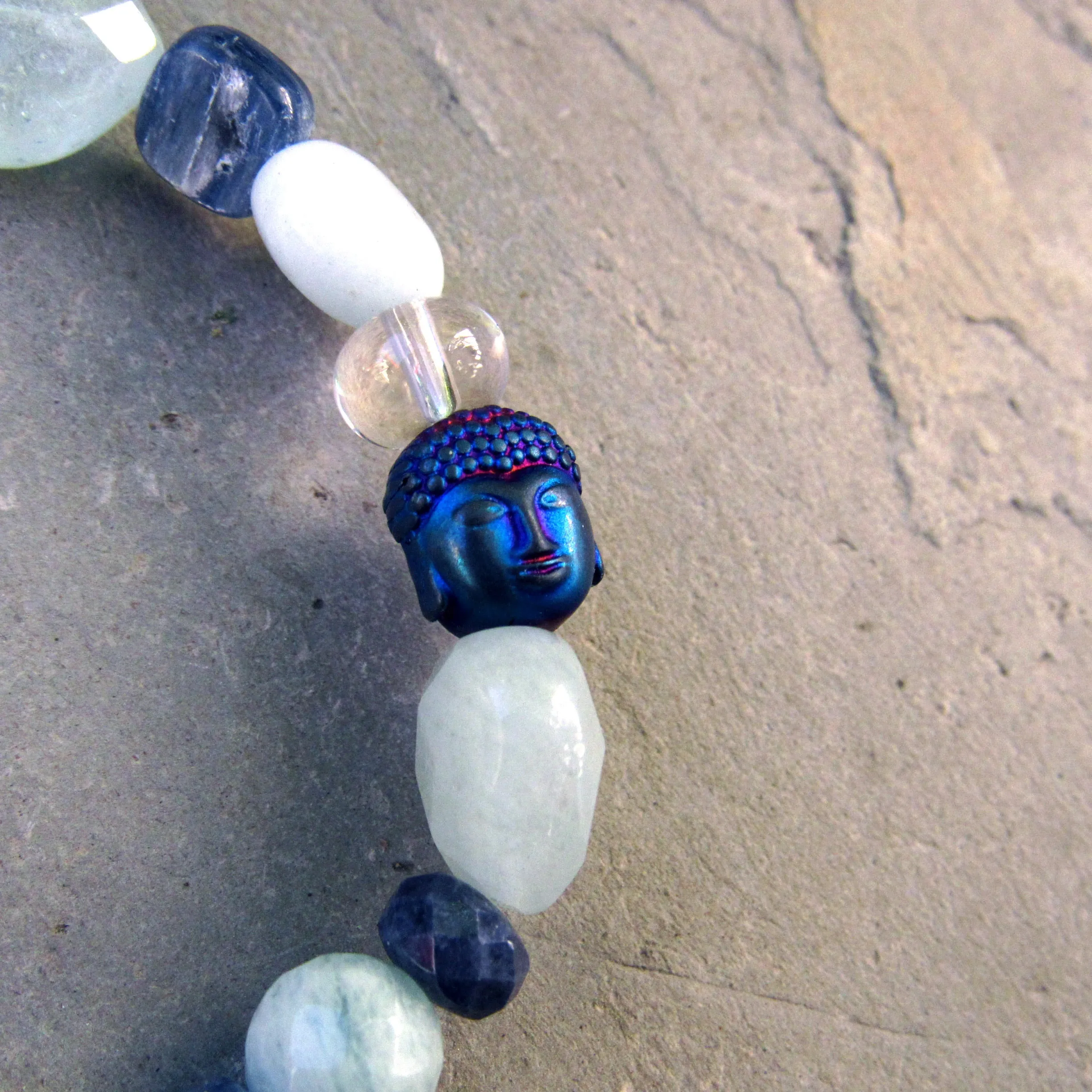 Blue Gemstone Buddha Stretch Bracelet with Sapphires and Quartz