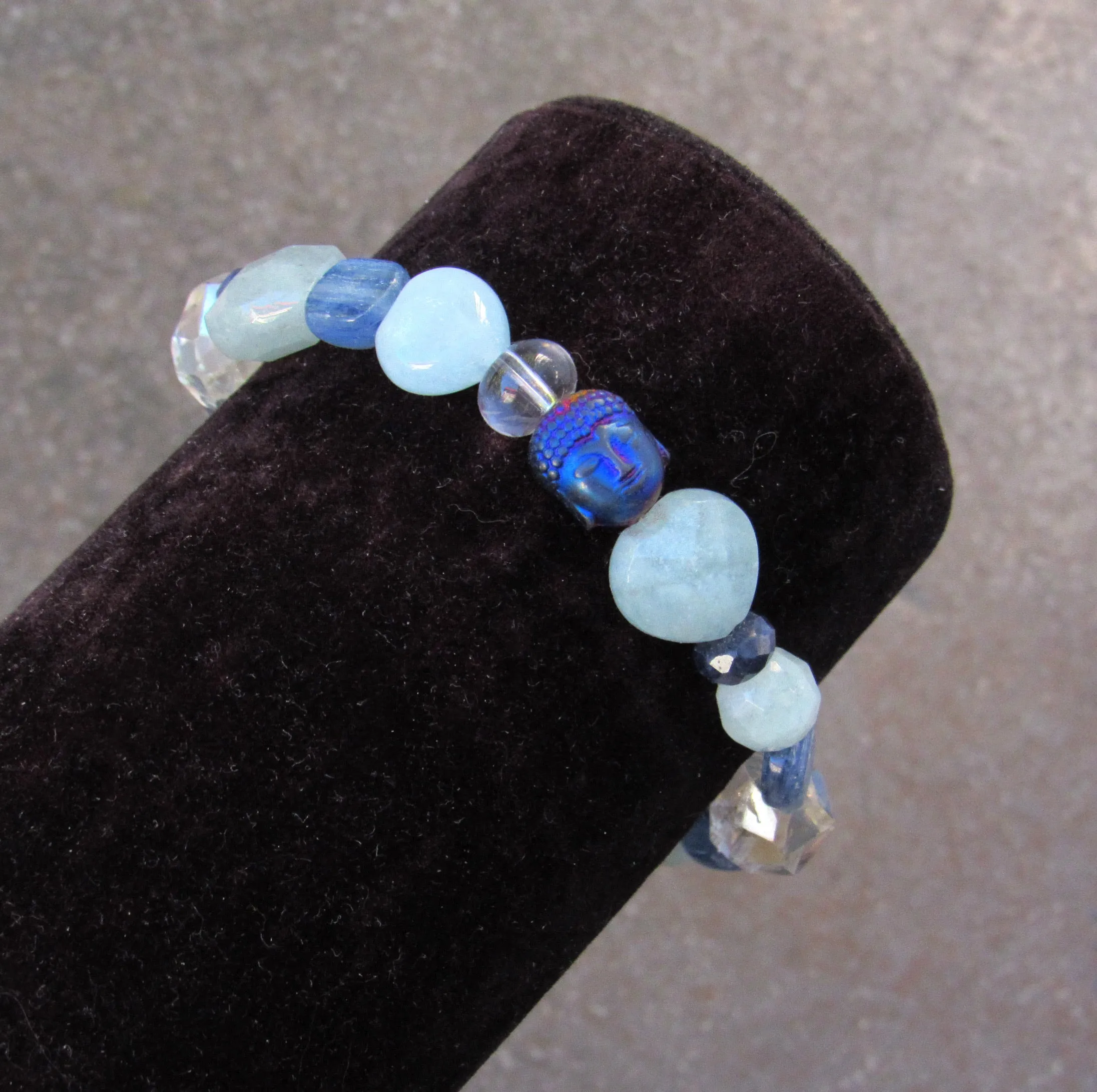 Blue Gemstone Buddha Stretch Bracelet with Sapphires and Quartz