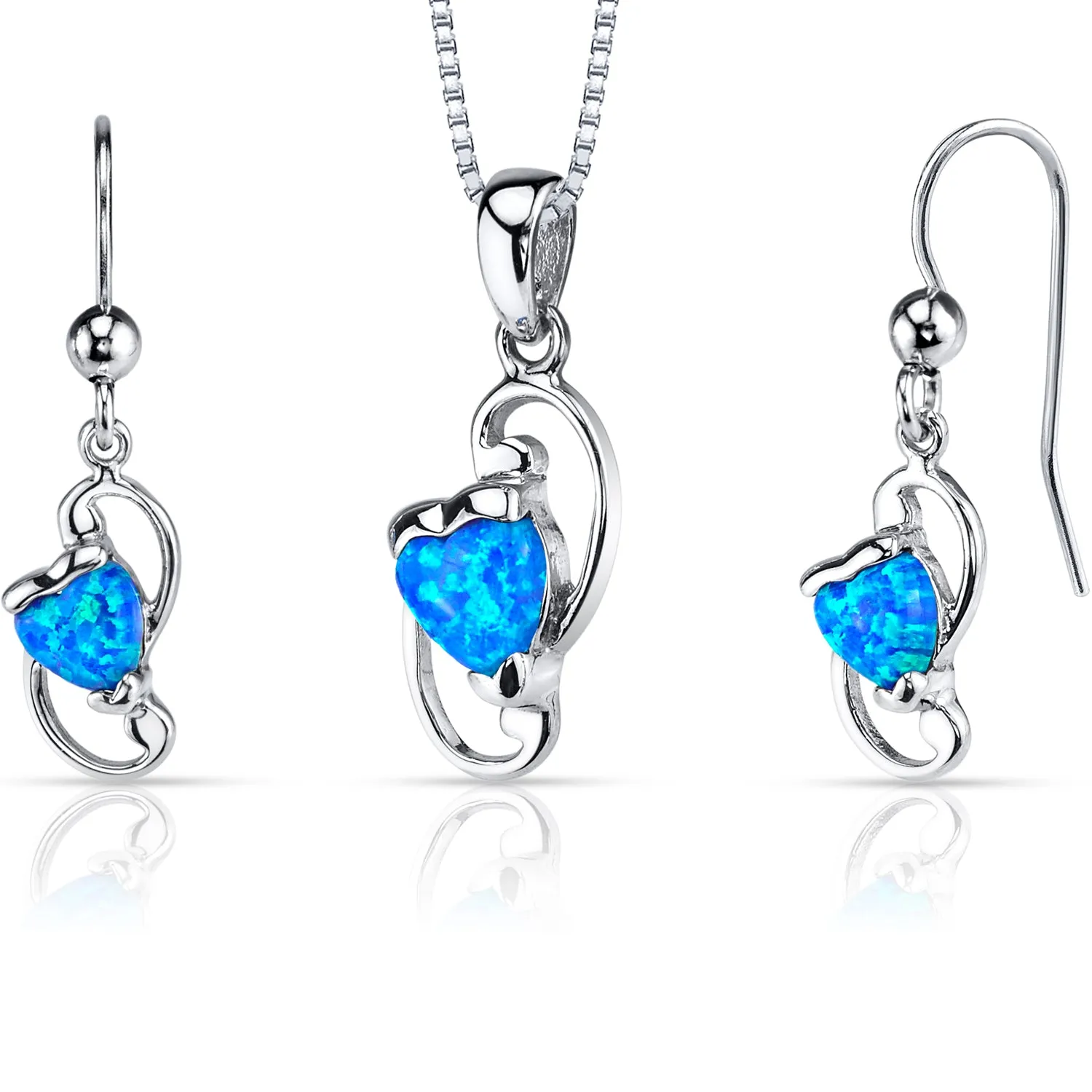 Blue Opal Angel Wing Design Earrings Pendant Necklace Sterling Silver Jewelry Set