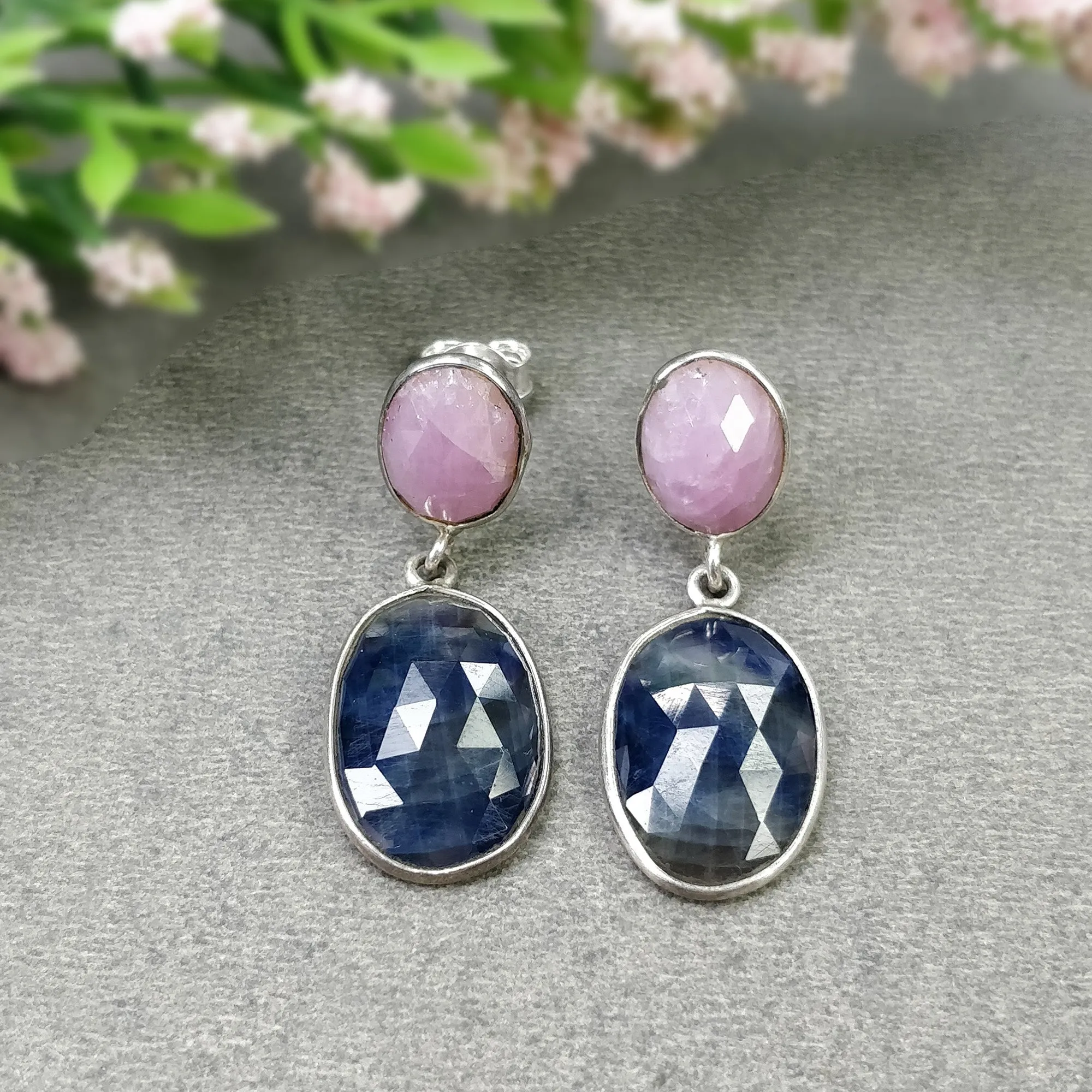 BLUE PINK SAPPHIRE Gemstone Bezel Set Earrings : 5.67gms Natural 925 Sterling Silver Drop Dangle Push Back Earrings 1.25"