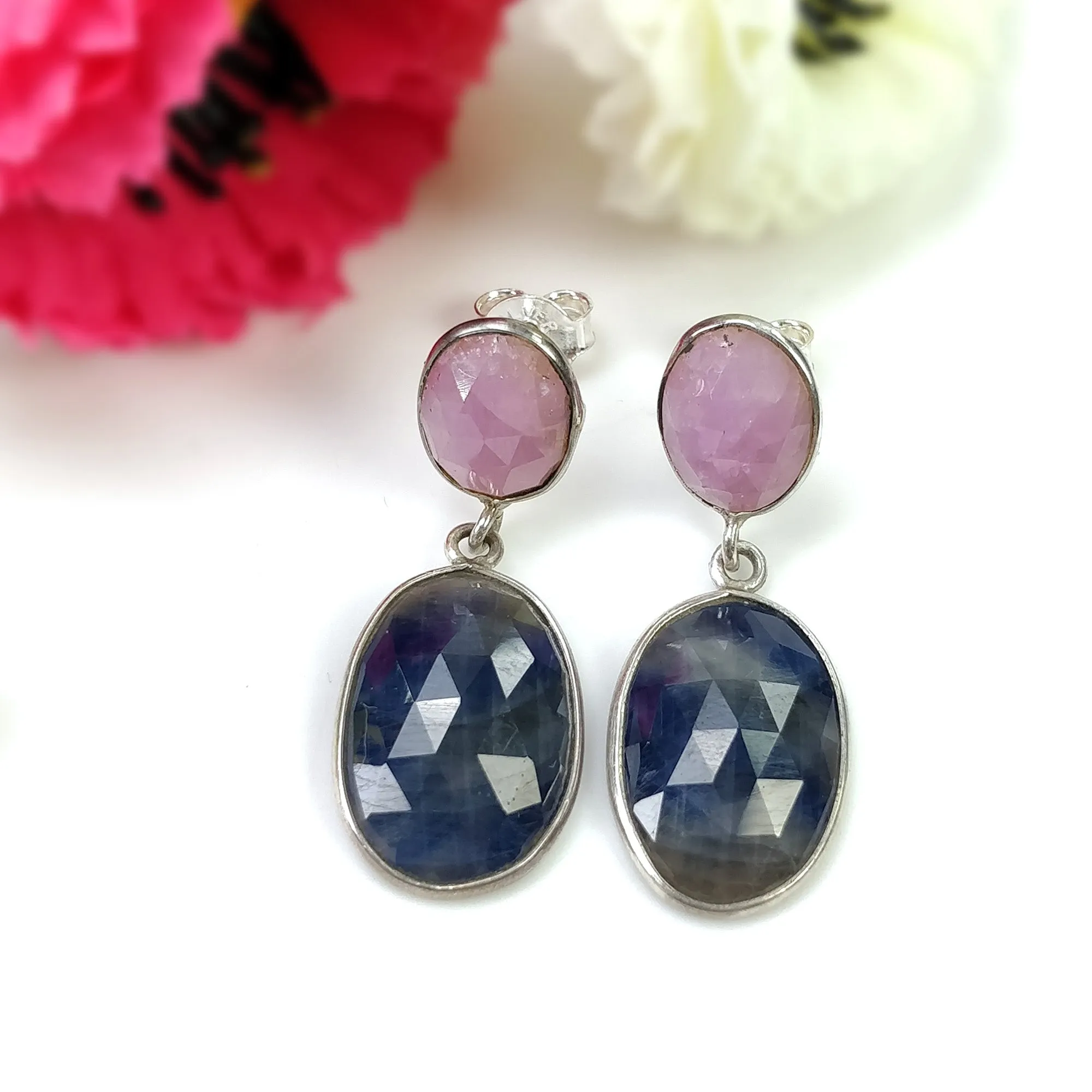 BLUE PINK SAPPHIRE Gemstone Bezel Set Earrings : 5.67gms Natural 925 Sterling Silver Drop Dangle Push Back Earrings 1.25"