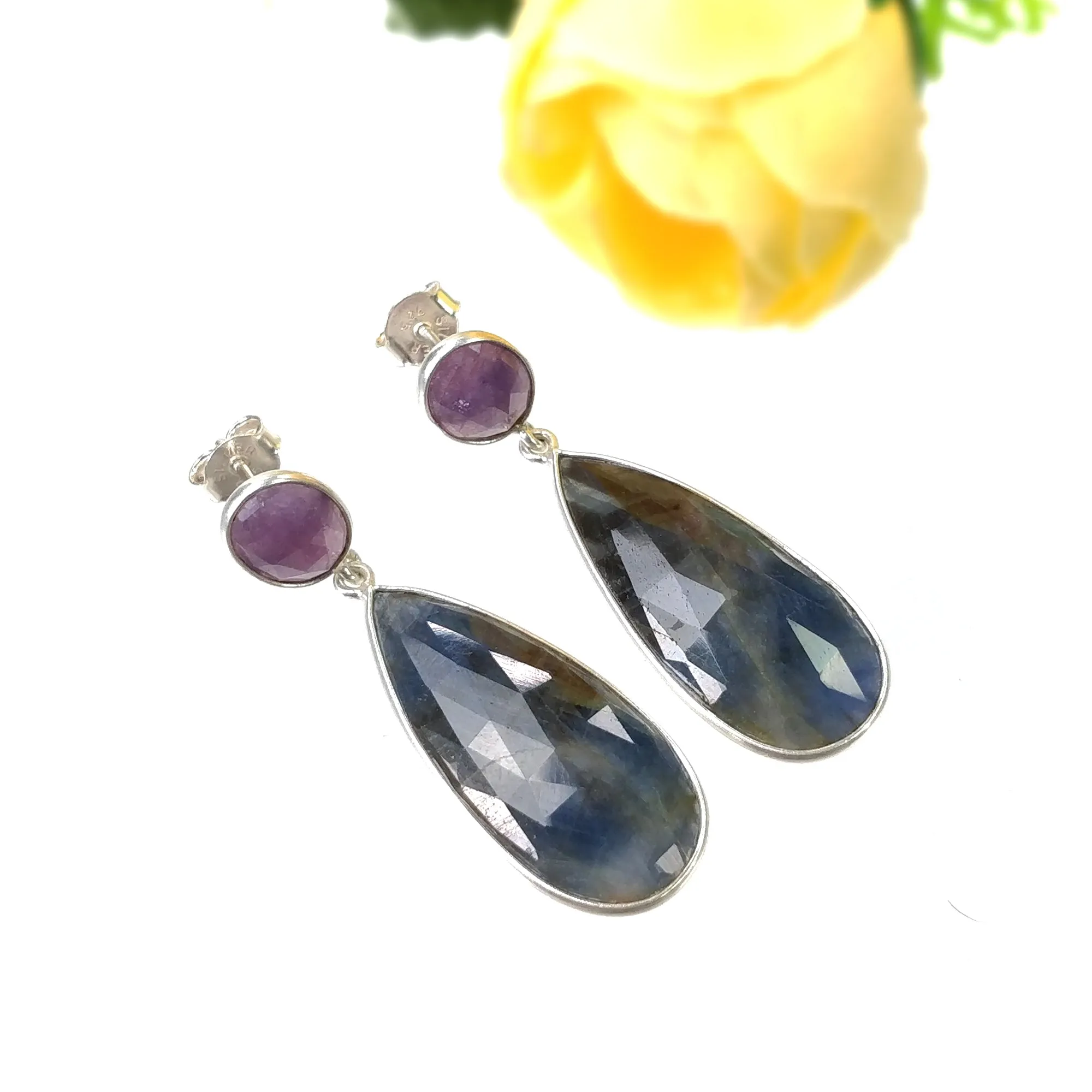 BLUE PINK SAPPHIRE Gemstone Earring : 7.97gms Natural Sapphire 925 Sterling Silver Drop Dangle Bezel Set Push Back Earrings 1.69"