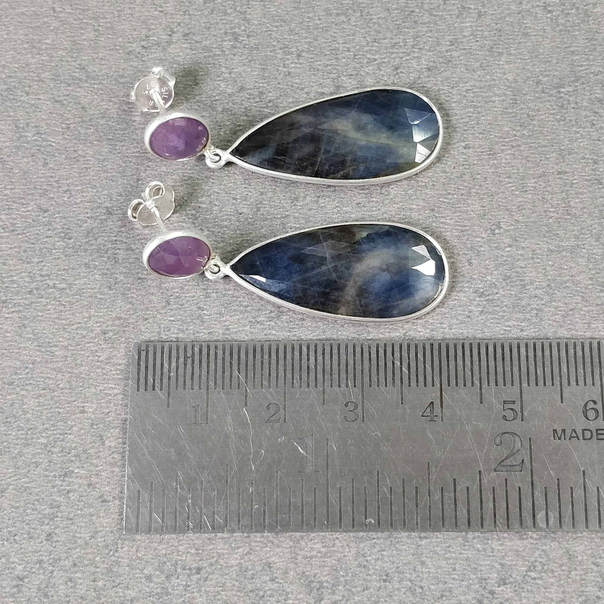 BLUE PINK SAPPHIRE Gemstone Earring : 7.97gms Natural Sapphire 925 Sterling Silver Drop Dangle Bezel Set Push Back Earrings 1.69"