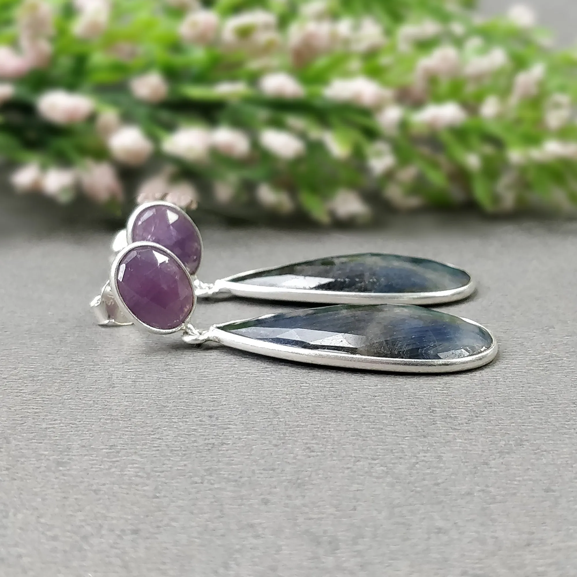 BLUE PINK SAPPHIRE Gemstone Earring : 7.97gms Natural Sapphire 925 Sterling Silver Drop Dangle Bezel Set Push Back Earrings 1.69"