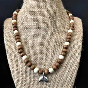 Brown and White Wood Beaded Mens Necklace with Silver Whale Tail Pendant