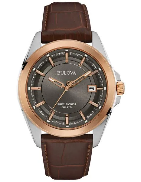 Bulova Mens Precisionist UHF - Gray Dial - Rose & Steel - Date - Brown Leather