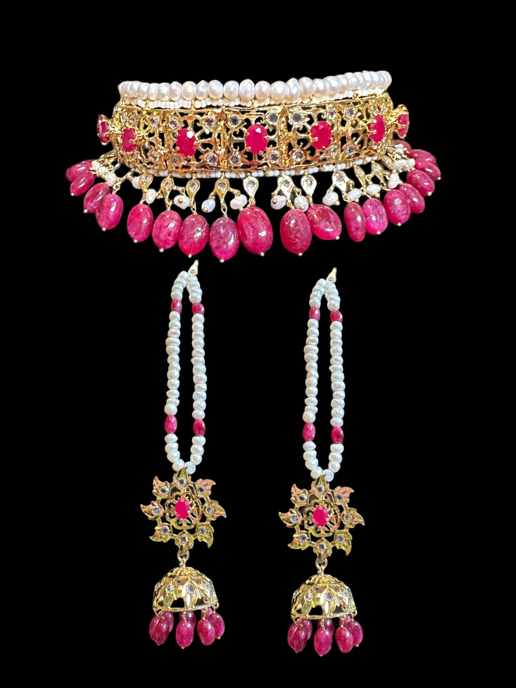 C267 Insia Hyderabadi jadavi lacha choker with fresh water  pearls and rubies ( READY TO SHIP)