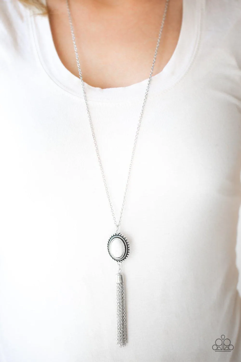 Canyon Climb Silver and White Tassel Necklace - Paparazzi Accessories