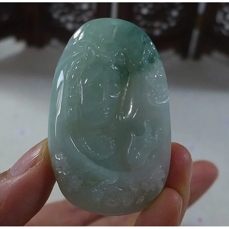 Cert'd Natural Type A Icy Light Green Jadeite Jade Lotus Kwan-Yin Pendant