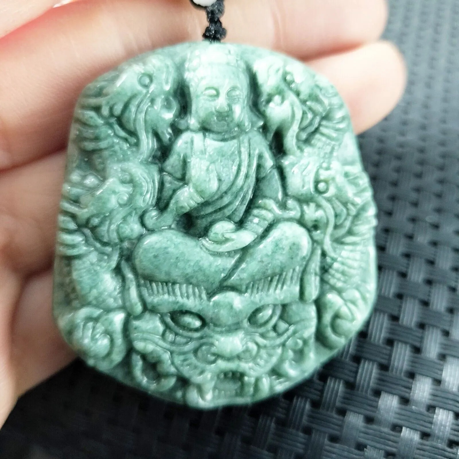 Certified Green Natural Type A Jadeite Guanyin Kwan Yin God Nine Dragons Pendant