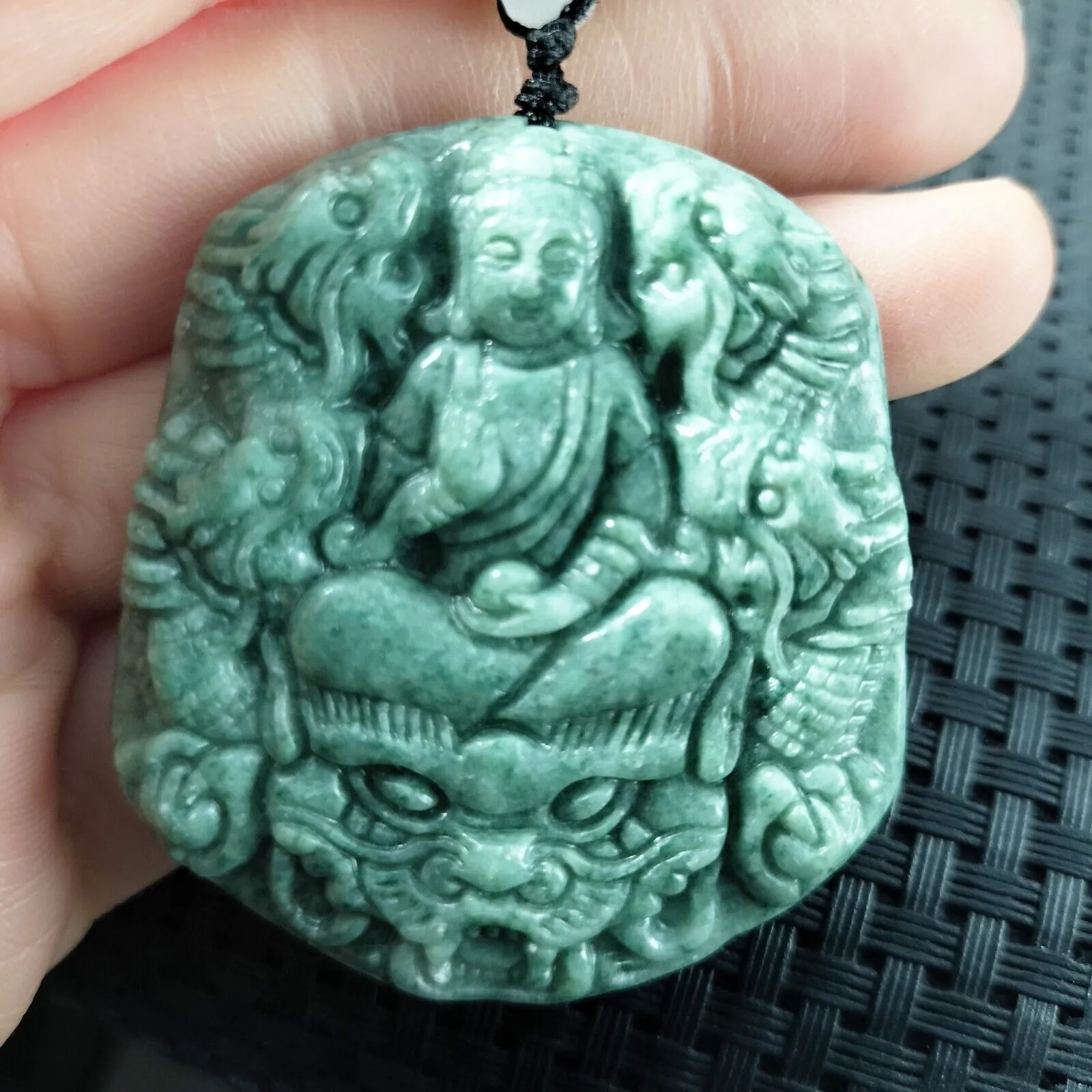 Certified Green Natural Type A Jadeite Guanyin Kwan Yin God Nine Dragons Pendant