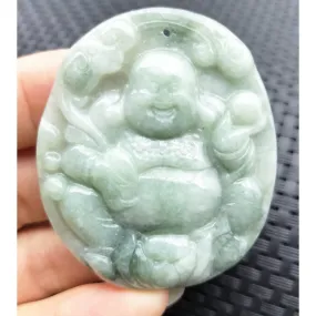 Certified Light Green Natural A Jadeite Carved Happy Buddha God Ruyi Pendant #3-1226