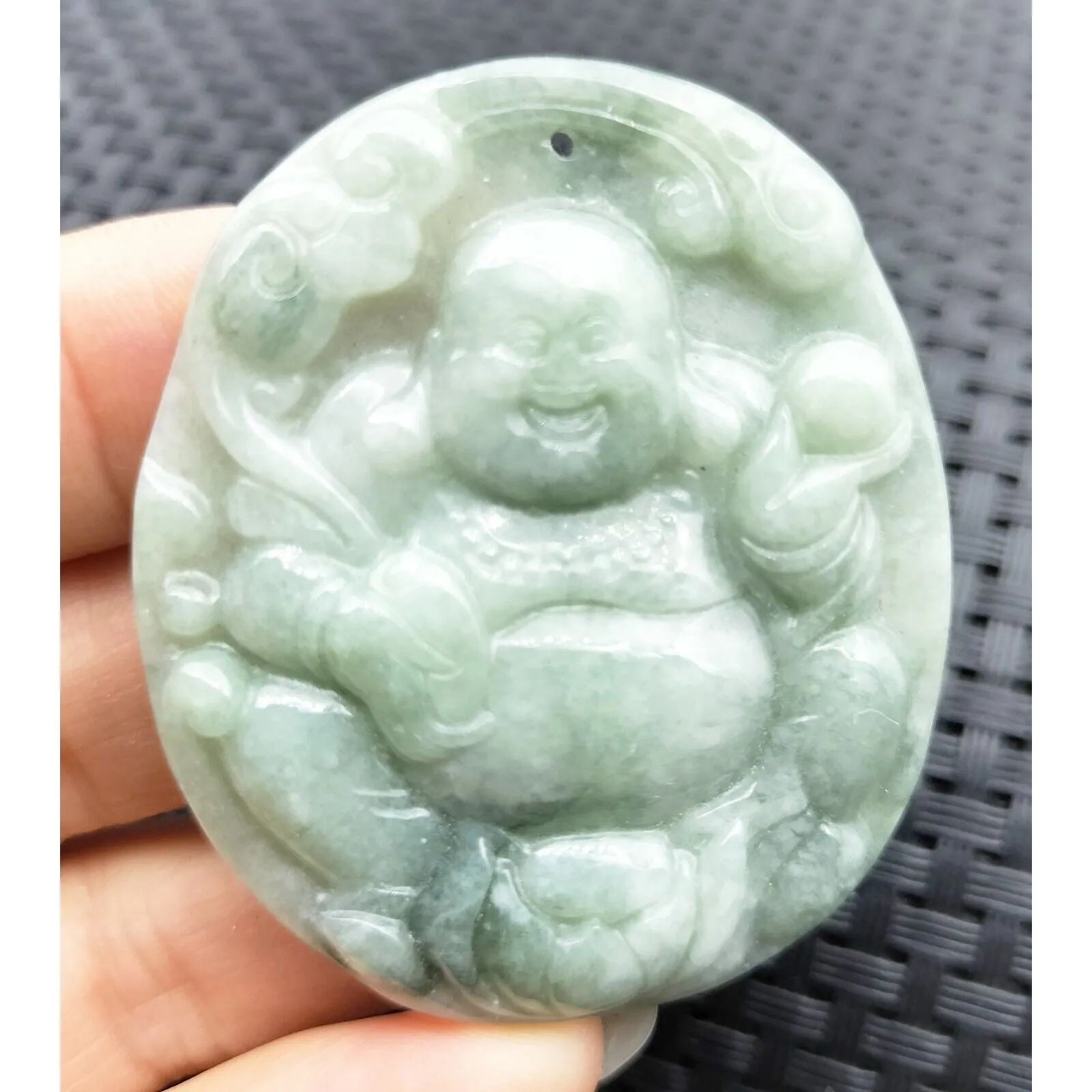 Certified Light Green Natural A Jadeite Carved Happy Buddha God Ruyi Pendant #3-1226