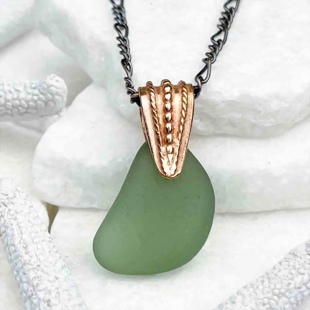 Champagne Green Bottle-Bottom Sea Glass Pendant with Copper Bail | #5122