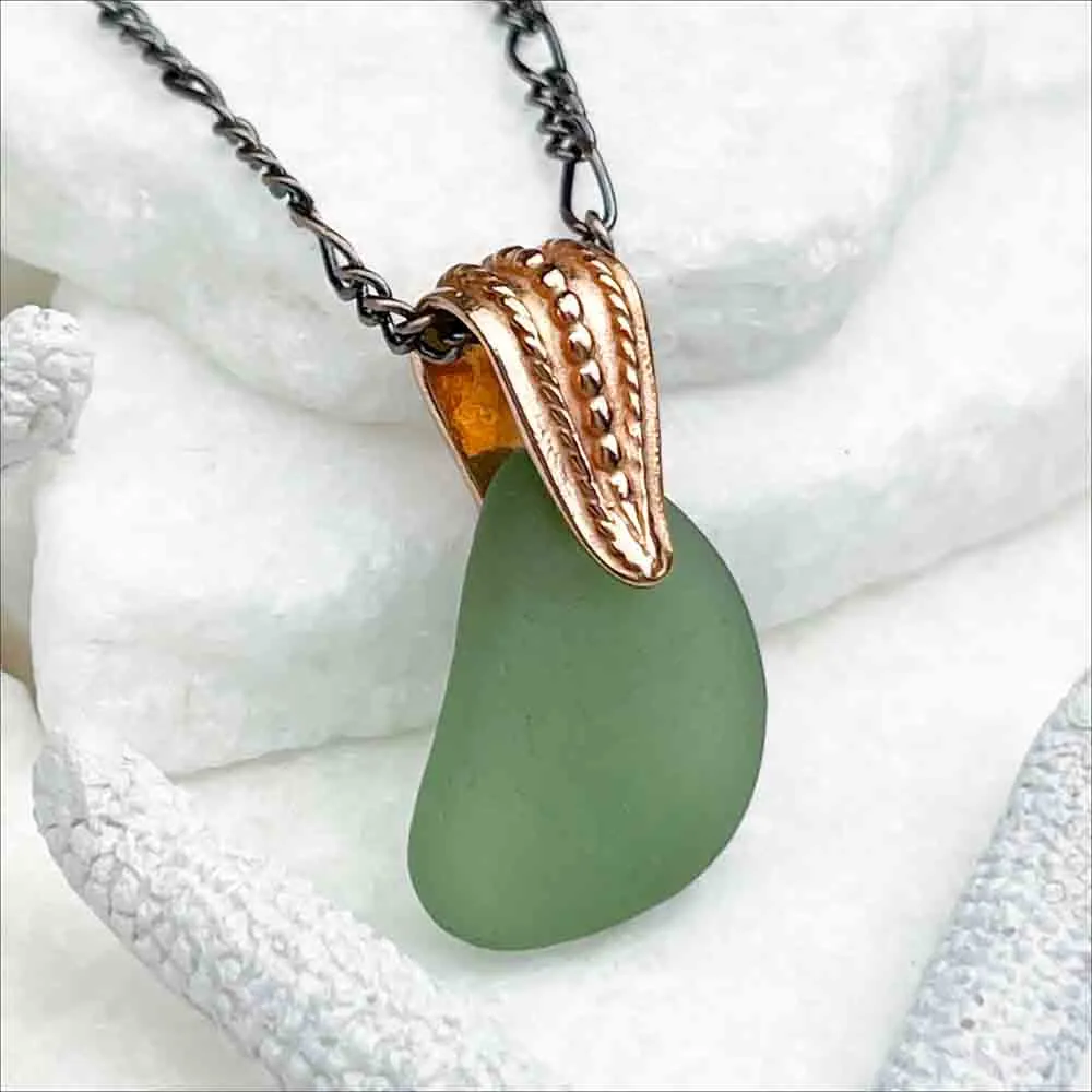 Champagne Green Bottle-Bottom Sea Glass Pendant with Copper Bail | #5122