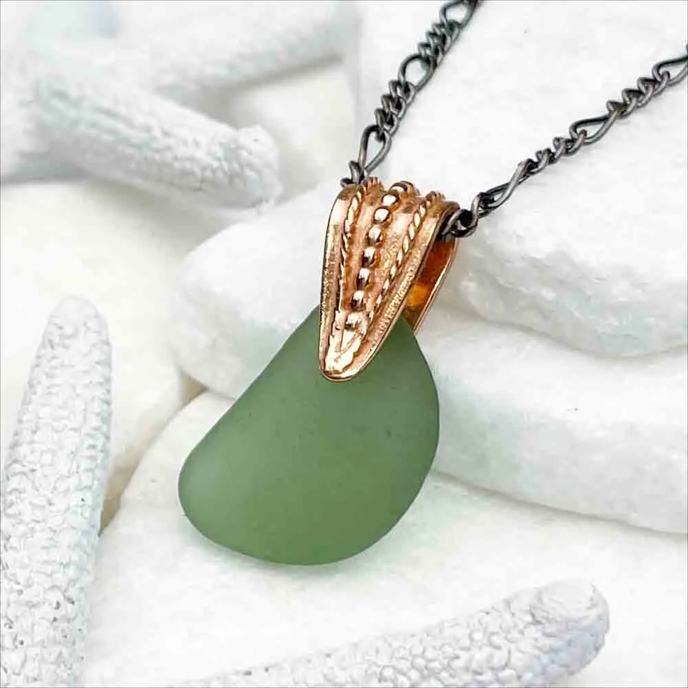 Champagne Green Bottle-Bottom Sea Glass Pendant with Copper Bail | #5122