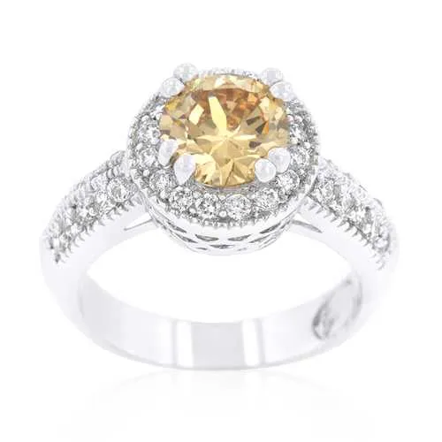 Elegant Halo Engagement Ring with Champagne Diamond Accent