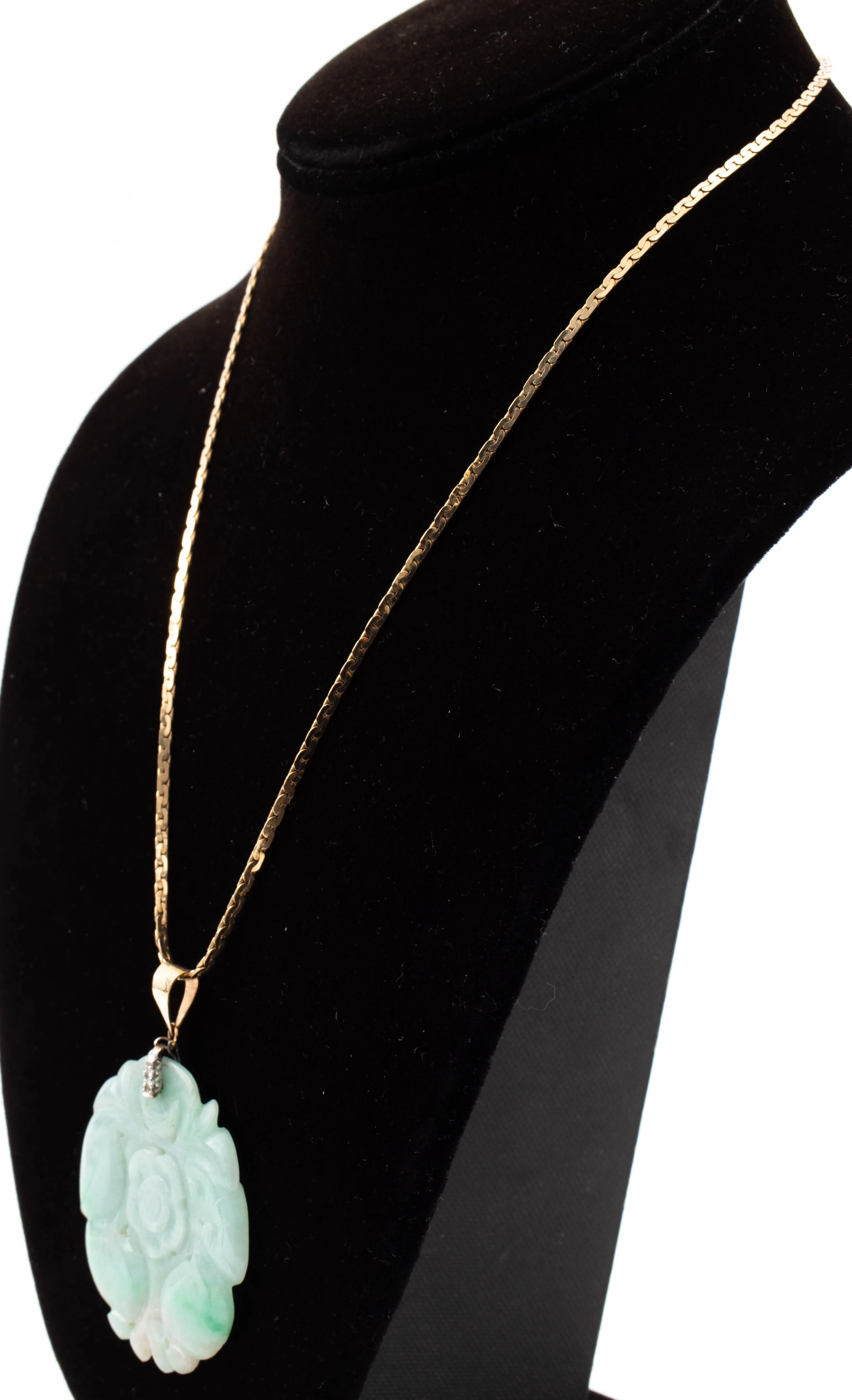 Chinese Jade & Diamond Pendant Necklace 14K Chain