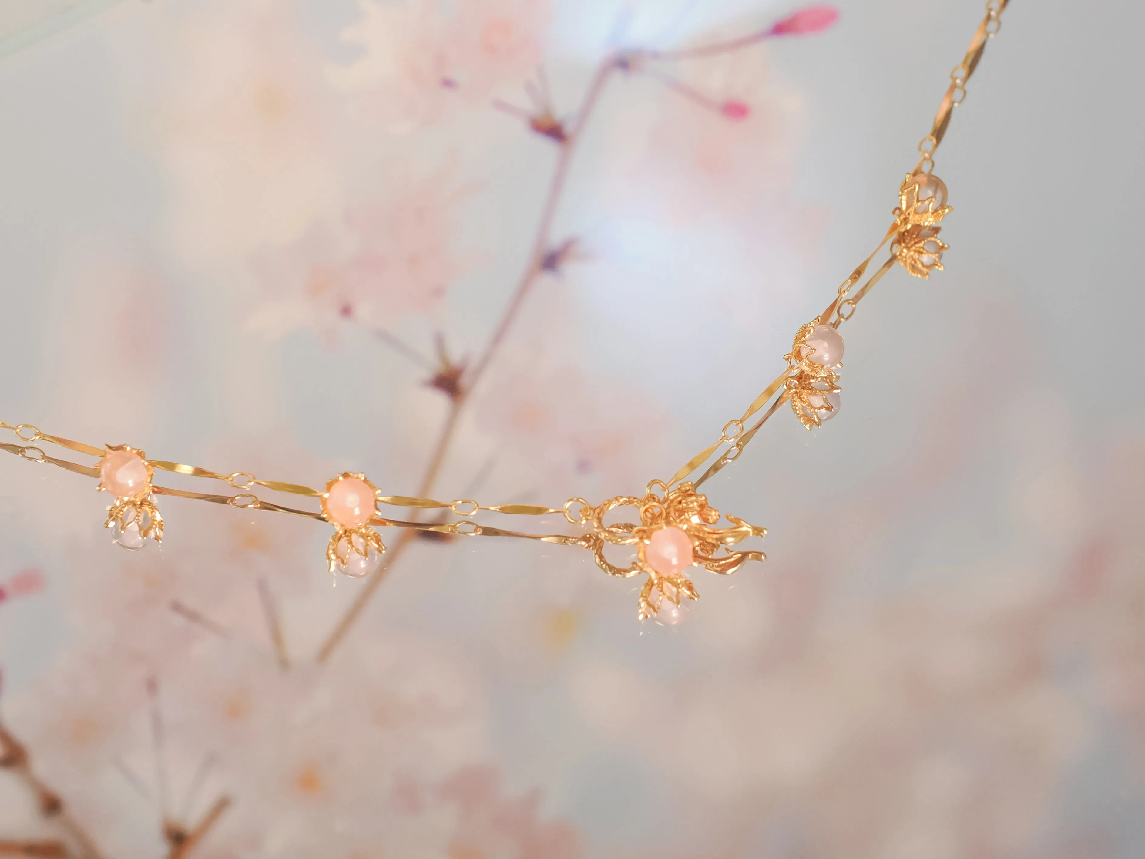 (Coming on 1/5) (Special Edition) Moonstone, Sunstone, Amethyst, Blue Topaz, Rose Quartz Gold Dangle Choker - Lily of the Valley