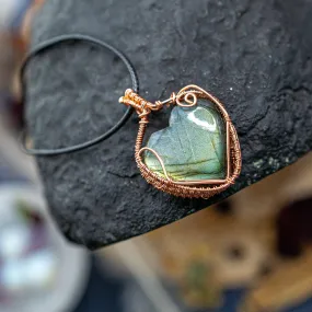 Copper Wire Wrapped Green and Blue Labradorite Heart Pendant with FLASH~ Includes Necklace Cord