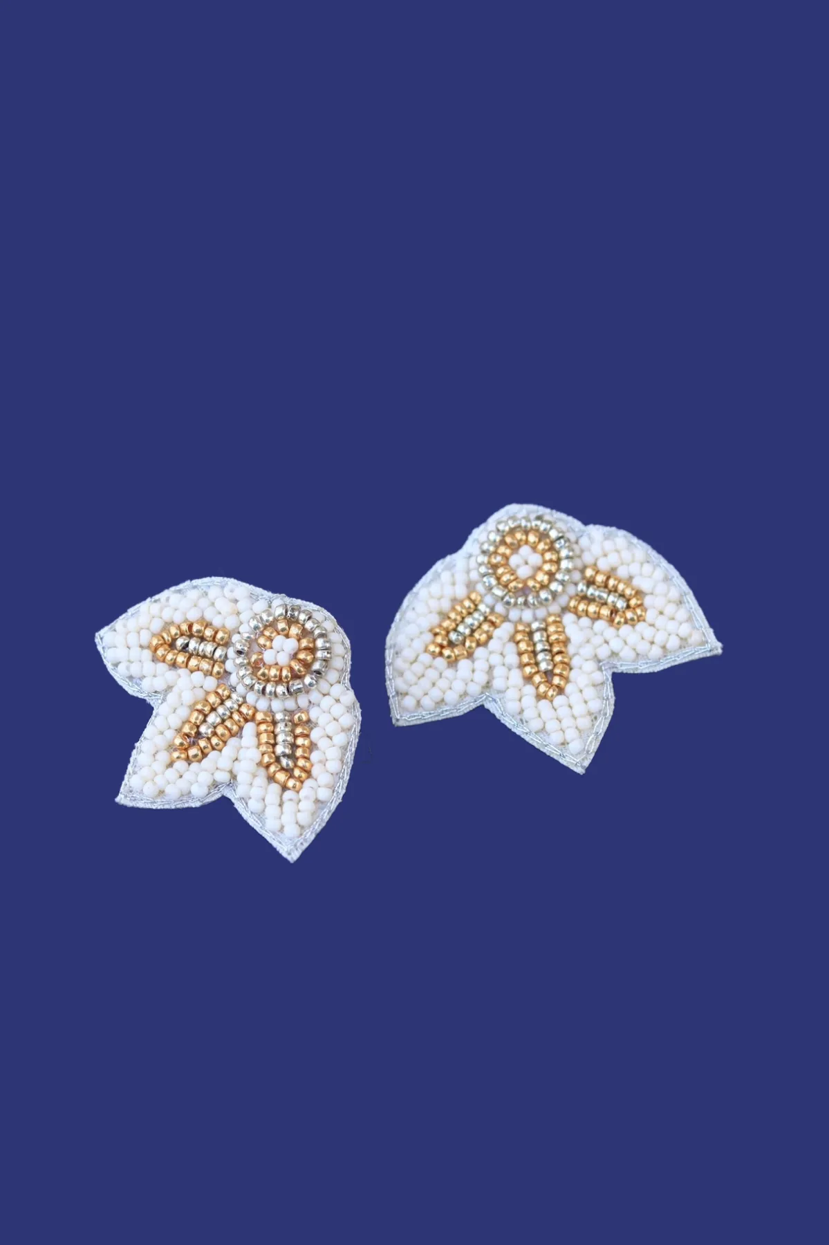 Cream   Gold Beaded Flower Wing Earrings