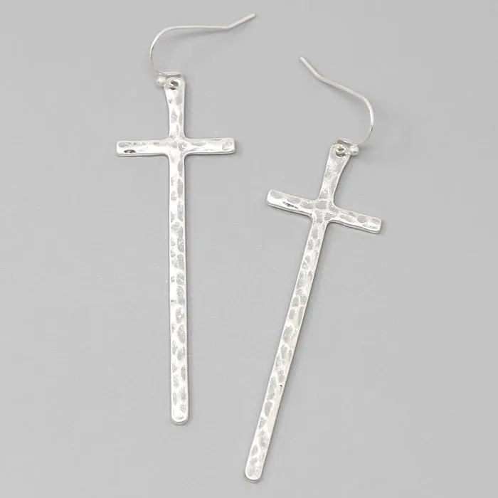 Cross Hammered Metal Drop Earrings