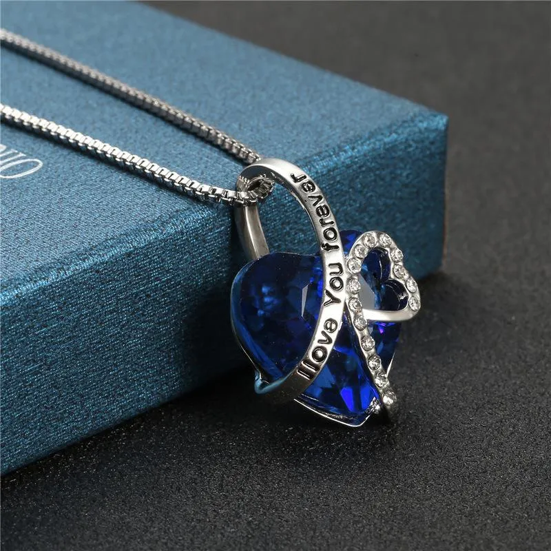 Crystal Heart of Ocean Pendant with Engraved "I Love You Forever" Silver Linings