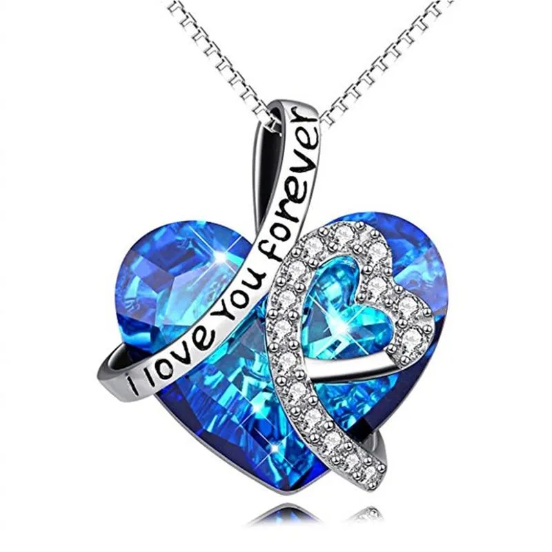 Crystal Heart of Ocean Pendant with Engraved "I Love You Forever" Silver Linings