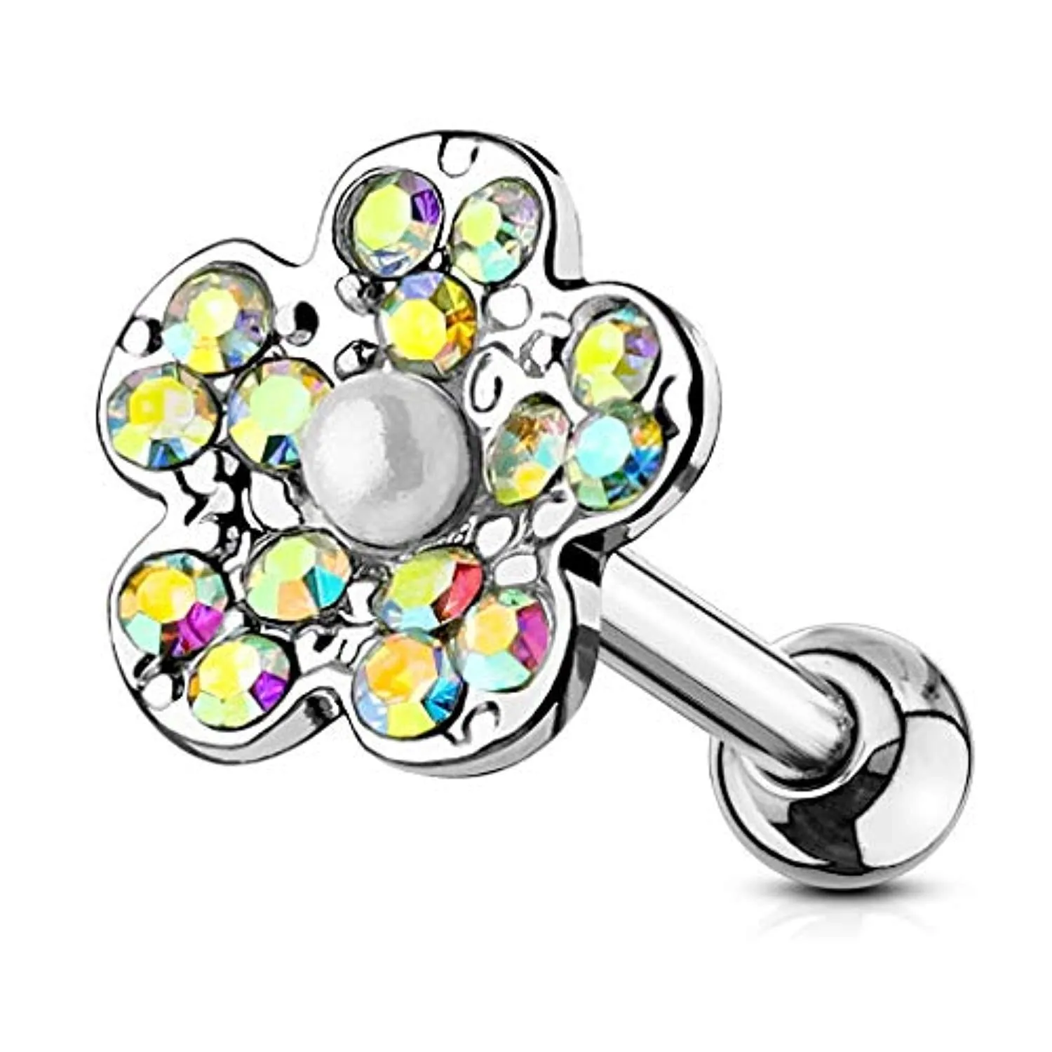 Crystal Paved Flower with Pearl Center 316L Surgical Steel WildKlass Ear Cartilage/Tragus Barbell Studs