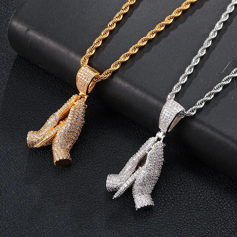 Cubic-Zirconia-Studded Praying Hands Hip-hop Pendant Necklace