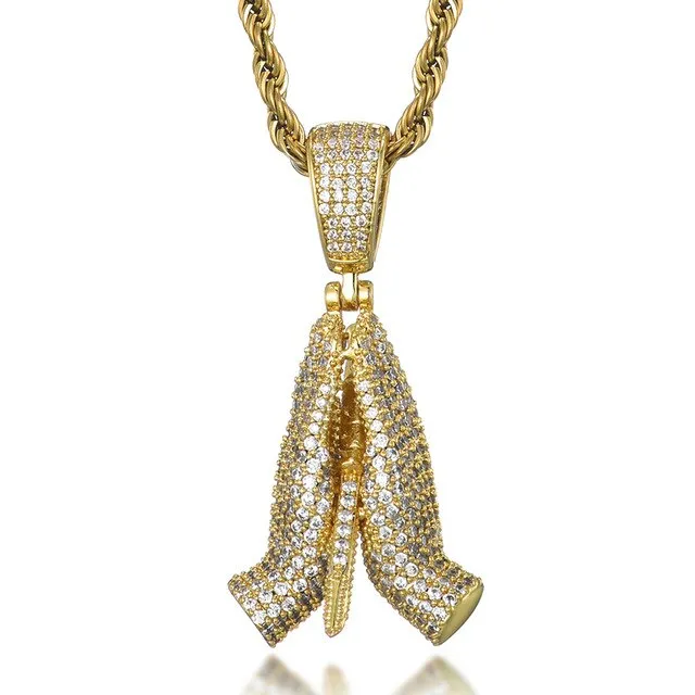 Cubic-Zirconia-Studded Praying Hands Hip-hop Pendant Necklace