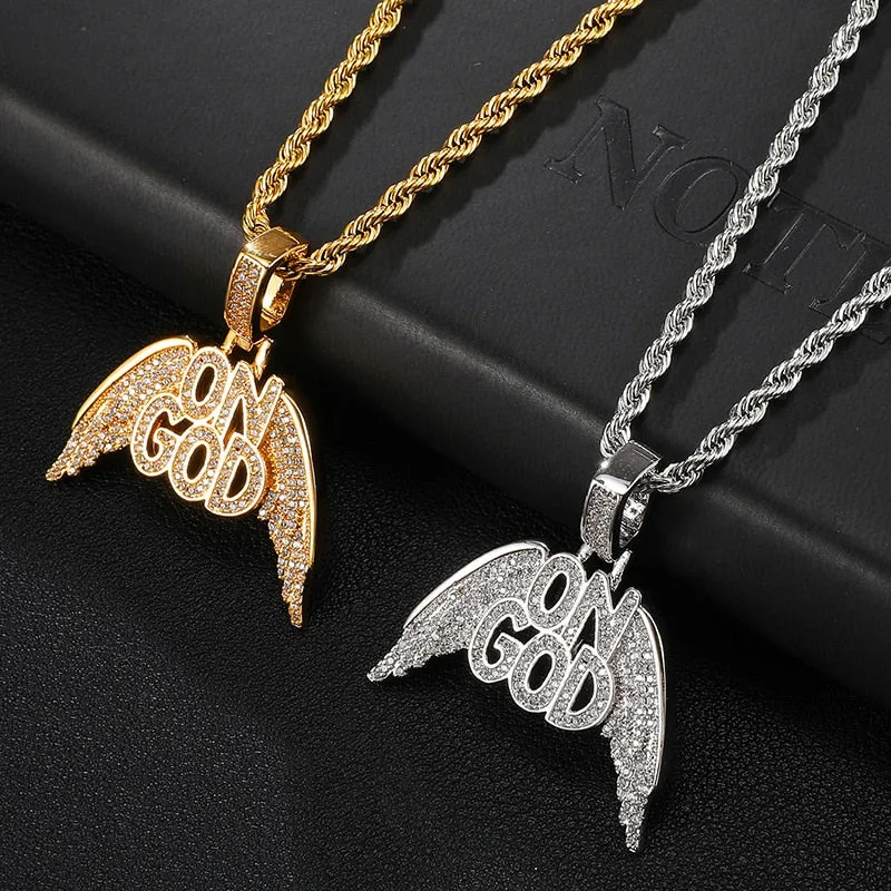 Cubic-Zirconia-Studded "On God" Bling Hip-hop Pendant Necklace