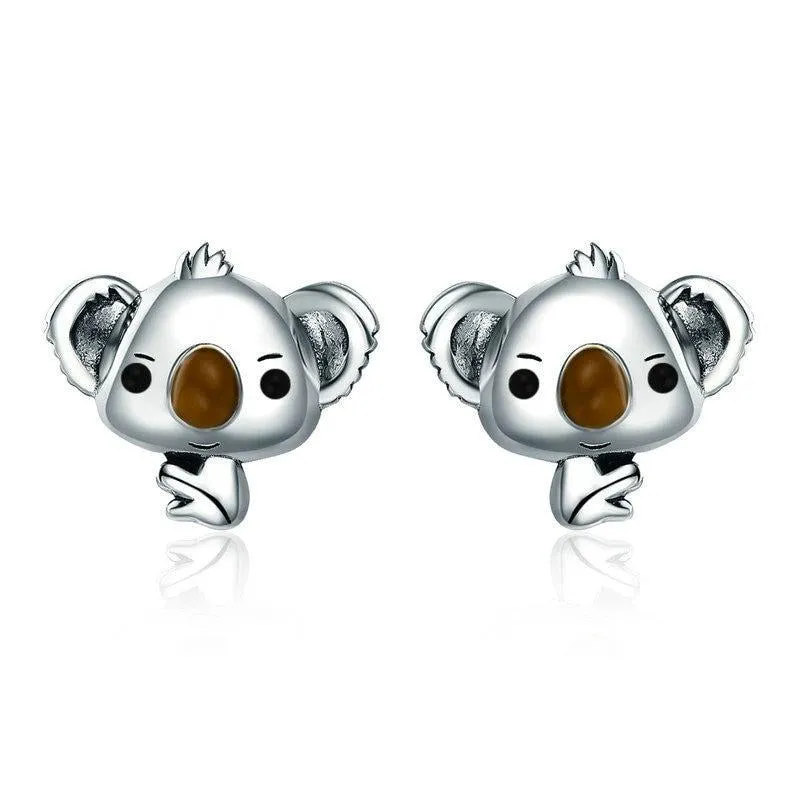 Cute Koala Bear and Cubic Zirconia Heart 925 Sterling Silver Necklace, Earrings & Ring Jewelry Set